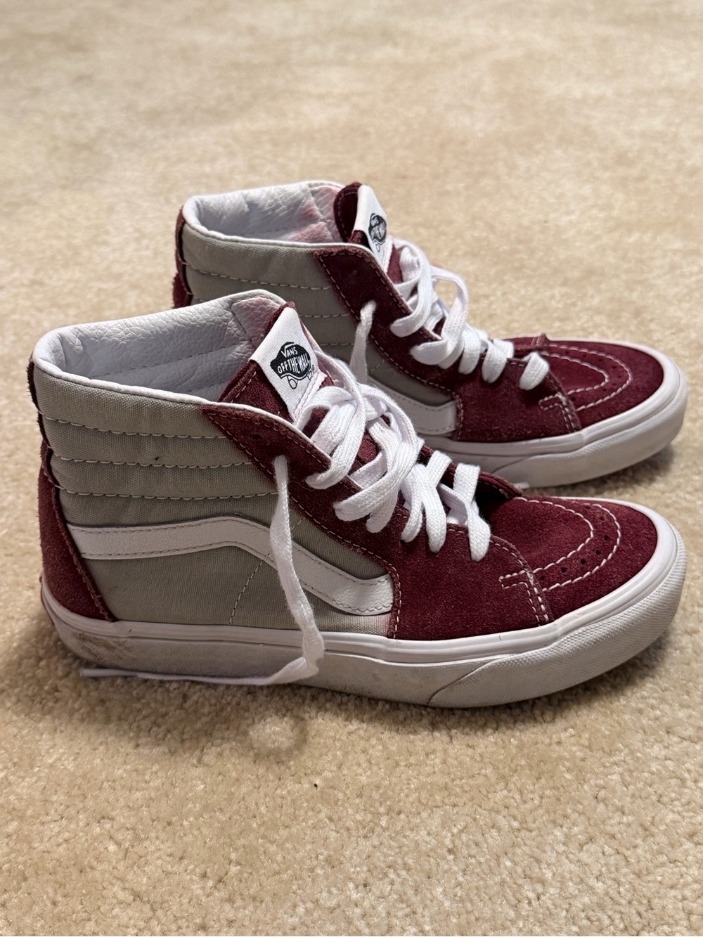 Vans High-Top Sneakers in Burgundy and Gray with White Stripe